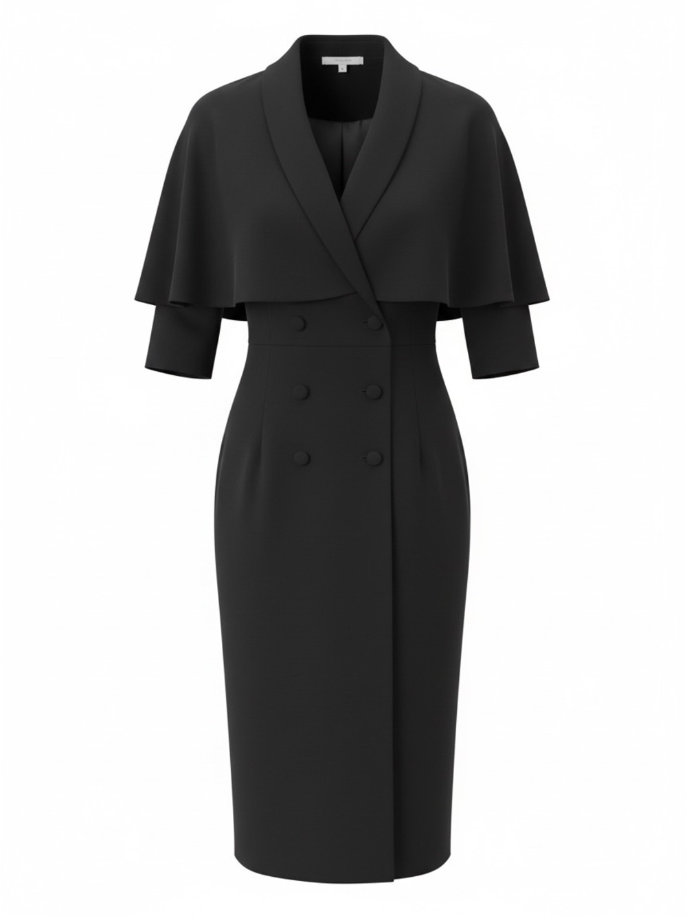 Elegant Black Double-Breasted Midi Dress with Cape Detail